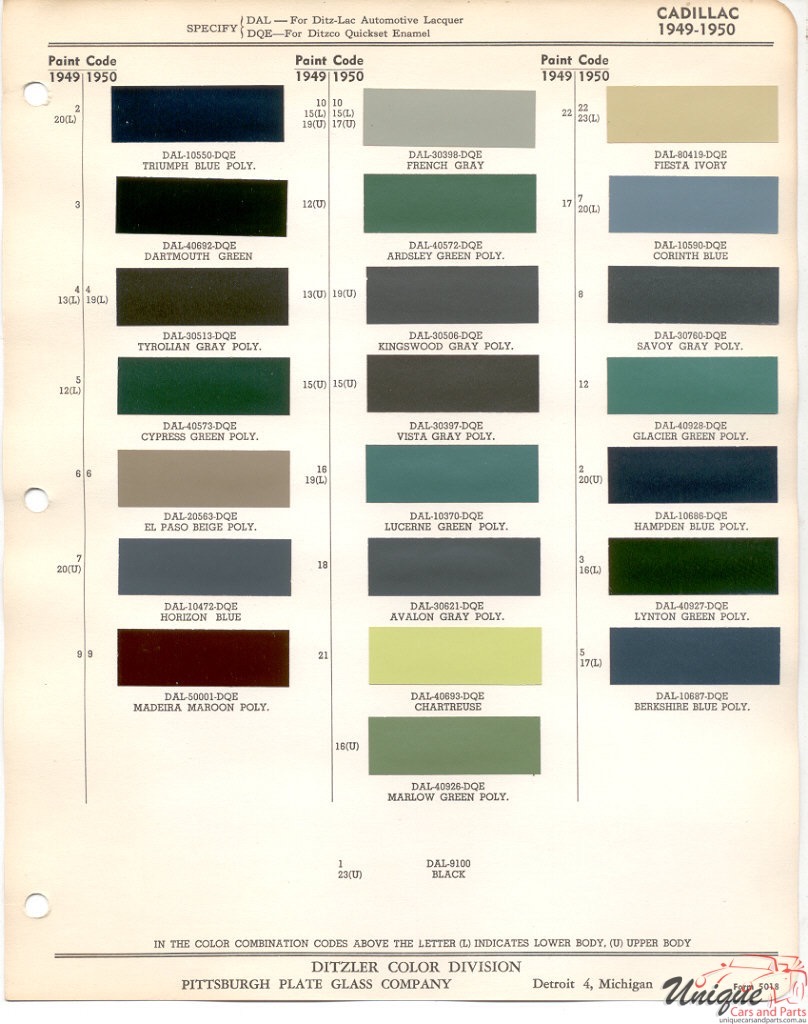 1950 Cadillac Paint Charts PPG 1